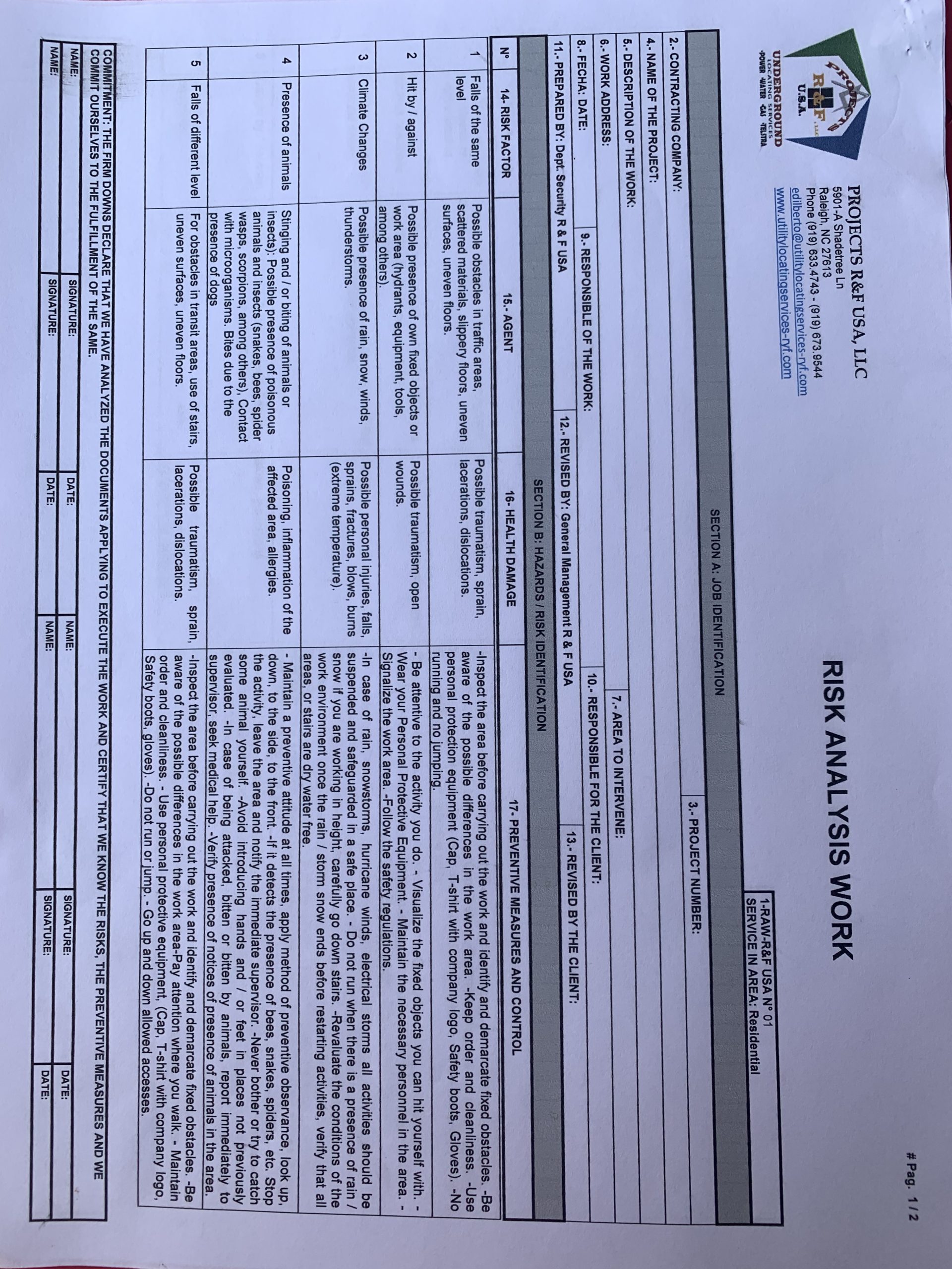 Image 2. PROJECT R&F USA´s form for Risks Analysis. (Apr2019). PROJECTS RF USA