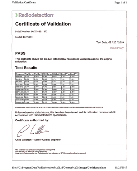 Certificate of Locator Calibration